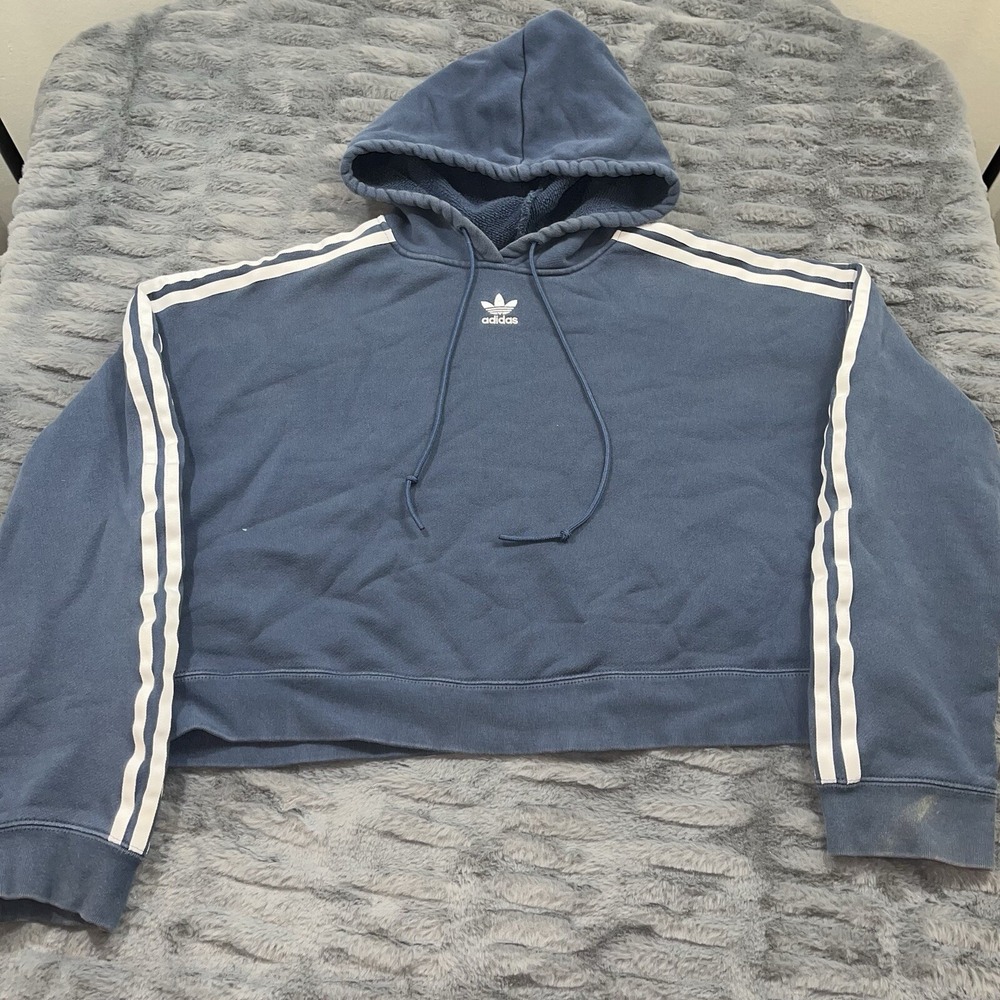 adidas Blue Crop Hoodie with White Stripes